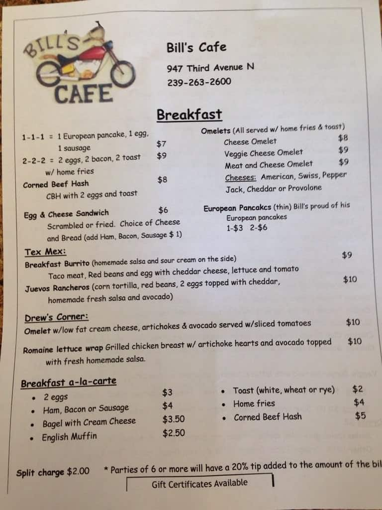 Bill's Cafe Menu, Menu for Bill's Cafe, Naples, Fort Myers - Urbanspoon ...