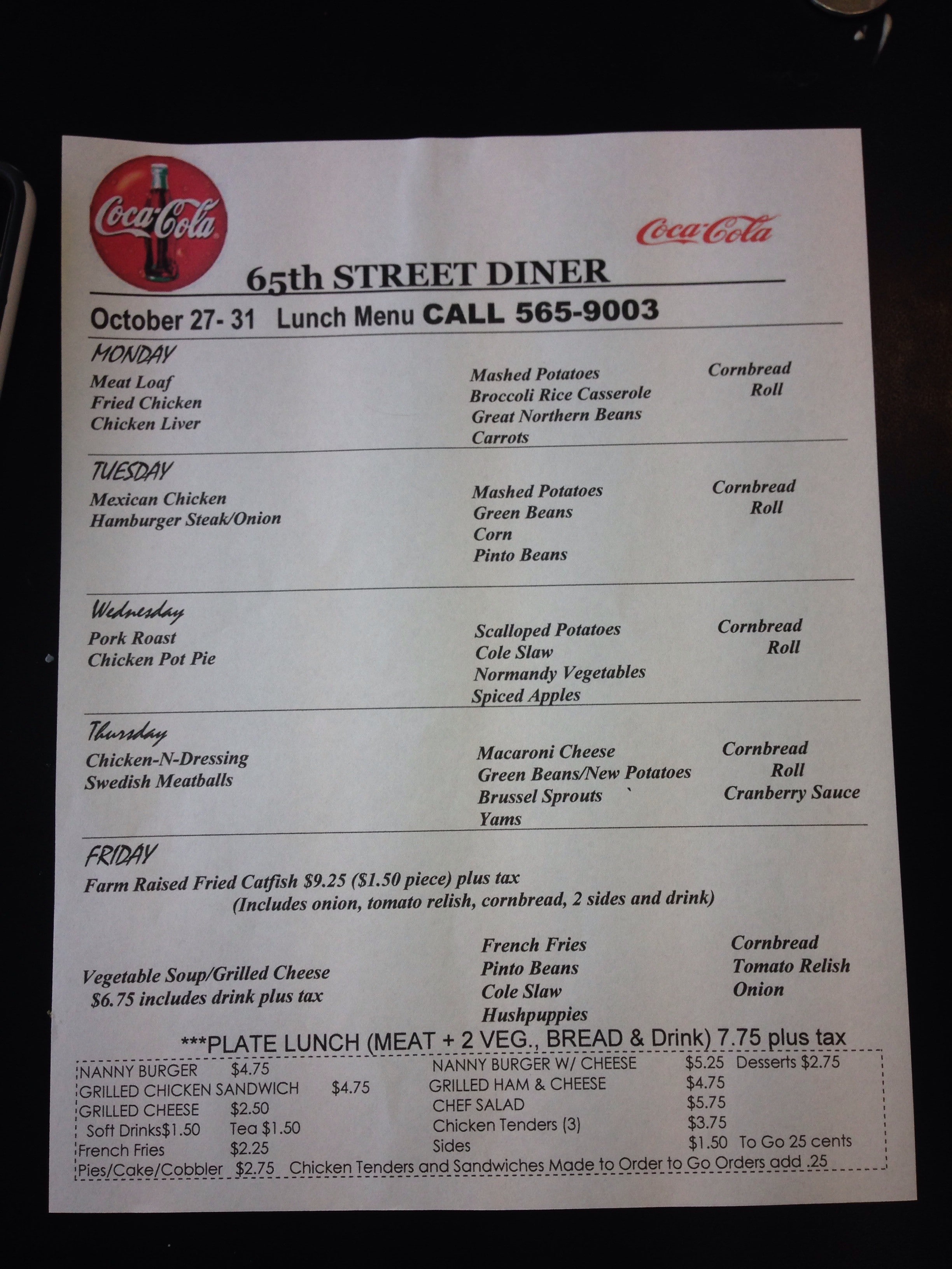 Menu at 65th Street Diner restaurant, Little Rock