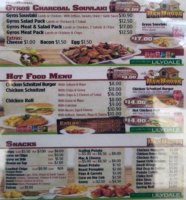 The Hen House Charcoal Chicken Menu