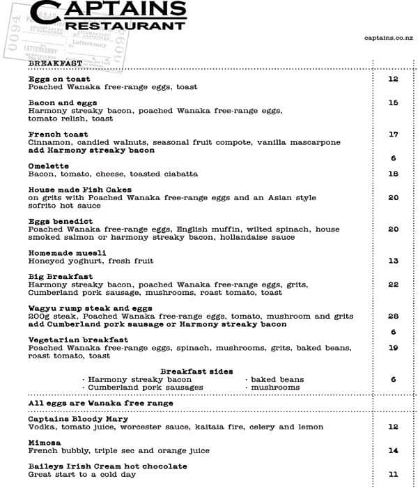 Captains Restaurant Menu, Menu for Captains Restaurant, Queenstown