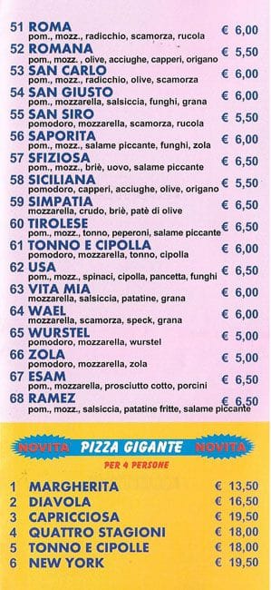 Menu di Pizzeria Simpatia 