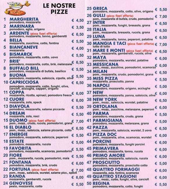 Menu di Pizzeria Simpatia 