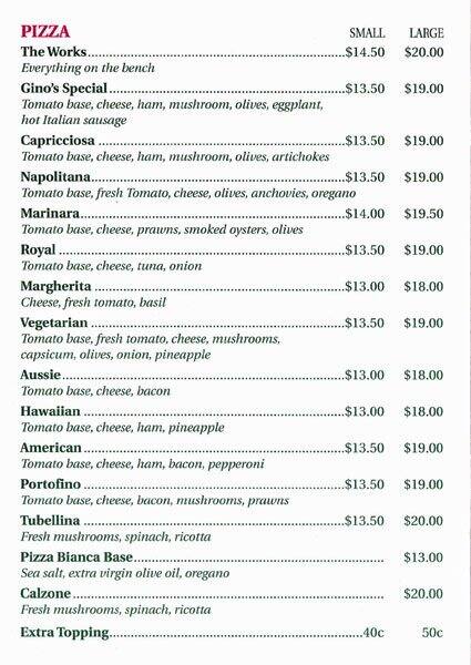 Menu at Gino's Spaghetti Bar, Yokine