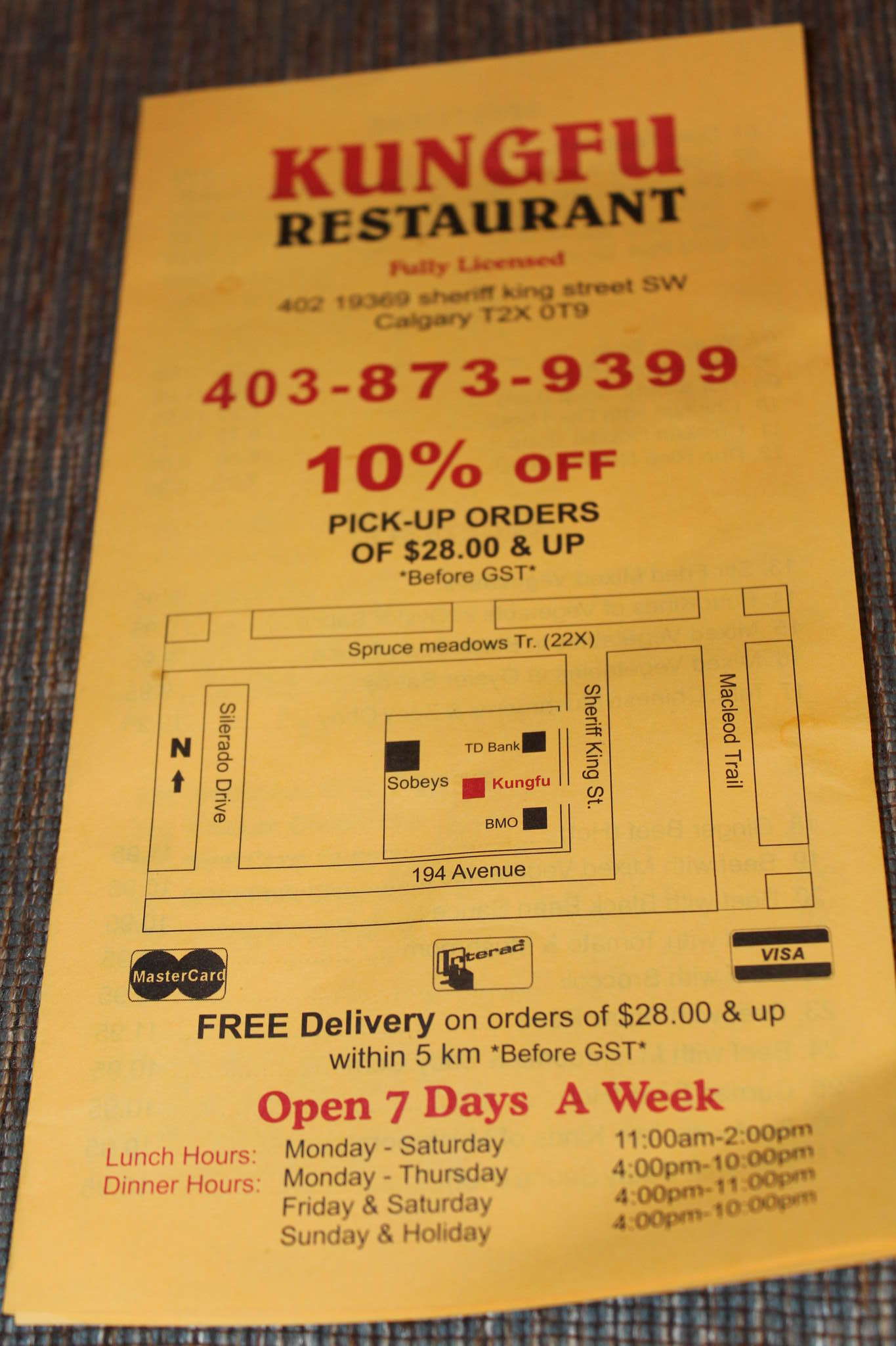 Kungfu Restaurant a Calgary Foto del Menu con Prezzi Urbanspoon/Zomato