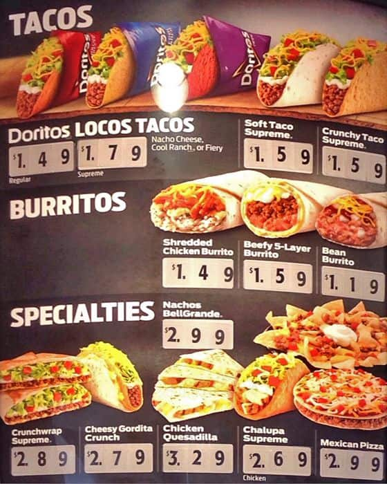 Menu at Taco Bell restaurant, Dallas, N Washington Ave