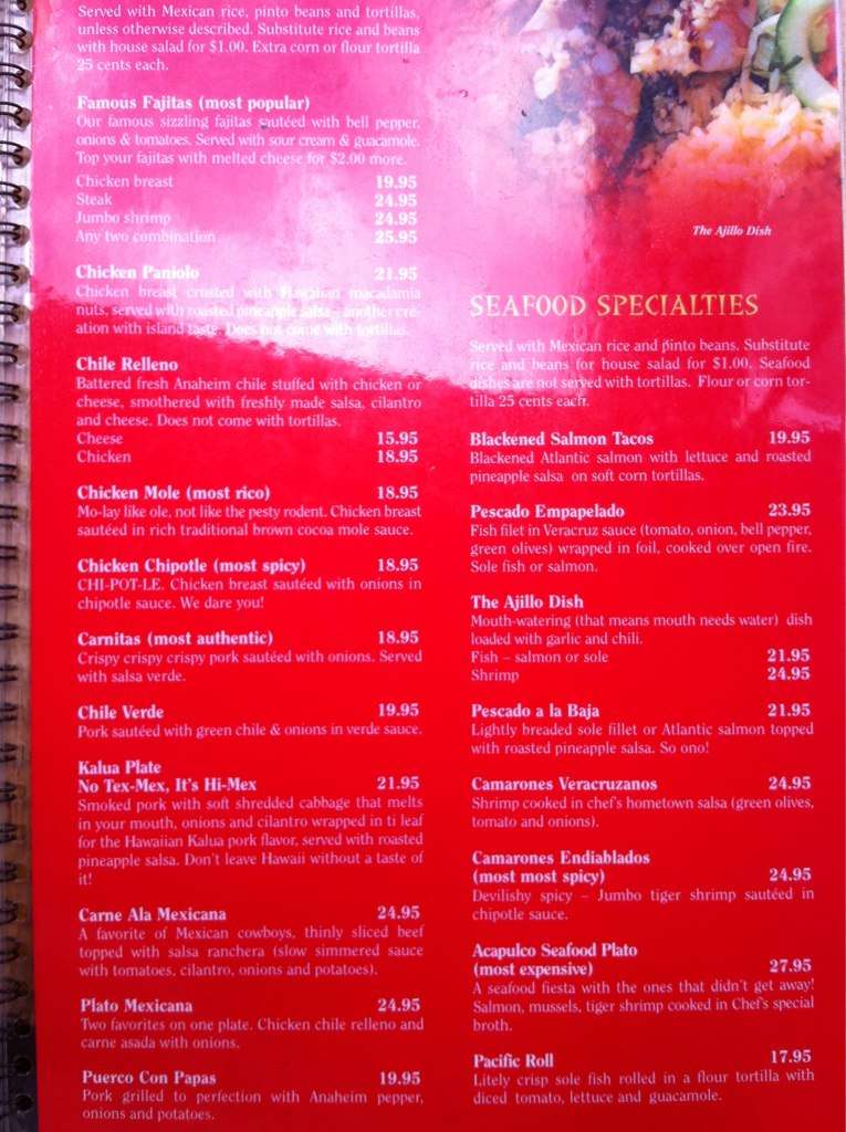 Menu at La Cucaracha Mexican Bar, Honolulu