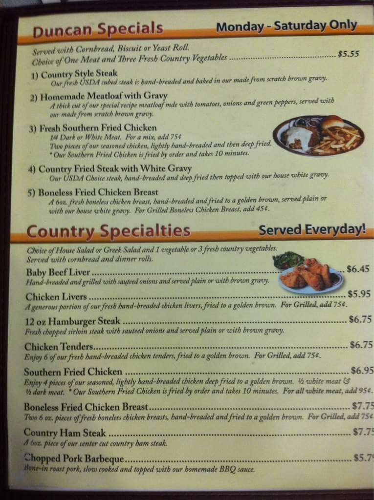 Menu at Duncan Family Restaurant, Duncan