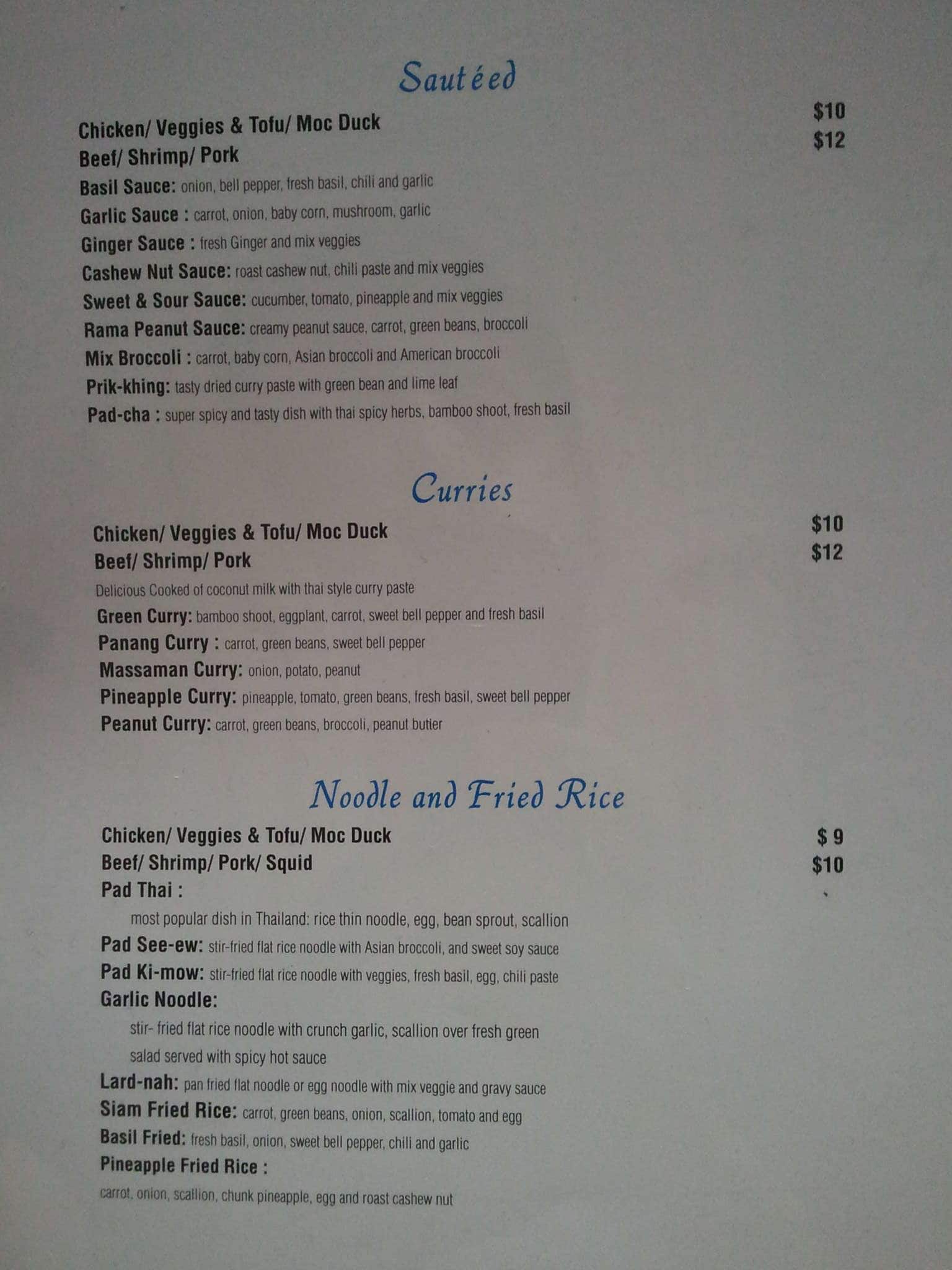 Menu at Sila Thai restaurant, Rock Hill