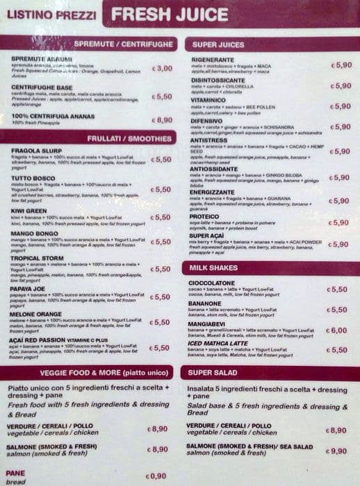 Juice Bar a Roma Foto del Menu con Prezzi Zomato Italia