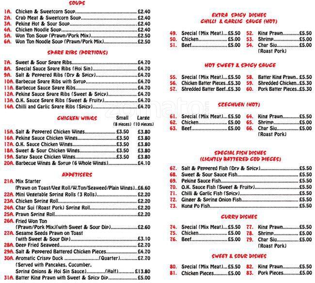 Hong Kong Chippy Menu, Menu for Hong Kong Chippy, Clayton, Manchester
