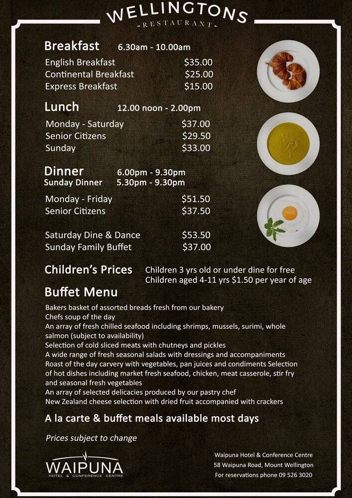 Wellingtons Restaurant & Bar Waipuna Hotel Menu Menumania/Zomato