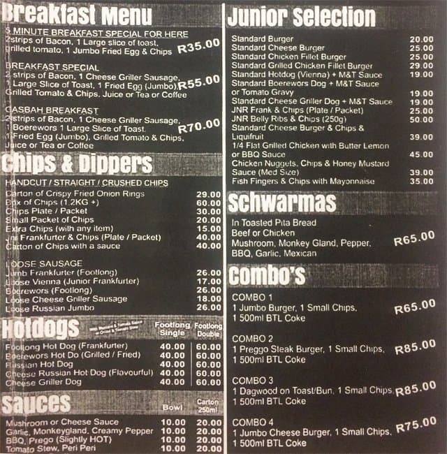 Menu at Casbah Roadhouse restaurant, Pretoria, 630 Voortrekkers Road