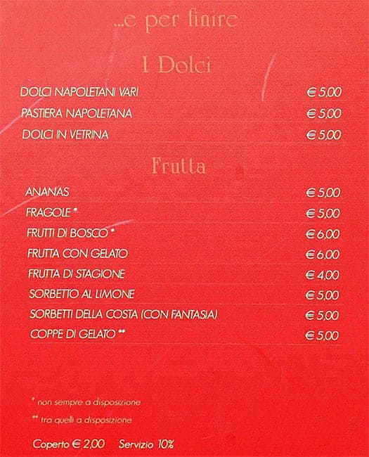 Menu at La piccola Napoli pizzeria, Milan, Via Washington