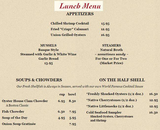 Menu at Union Oyster House restaurant, Boston