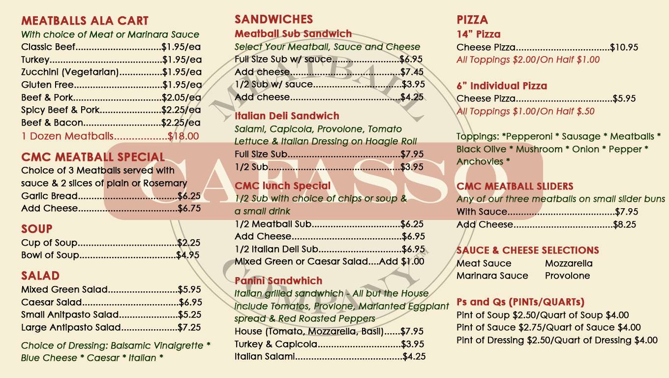 Cafasso Meatball Company menu, Menu restauracji Cafasso Meatball