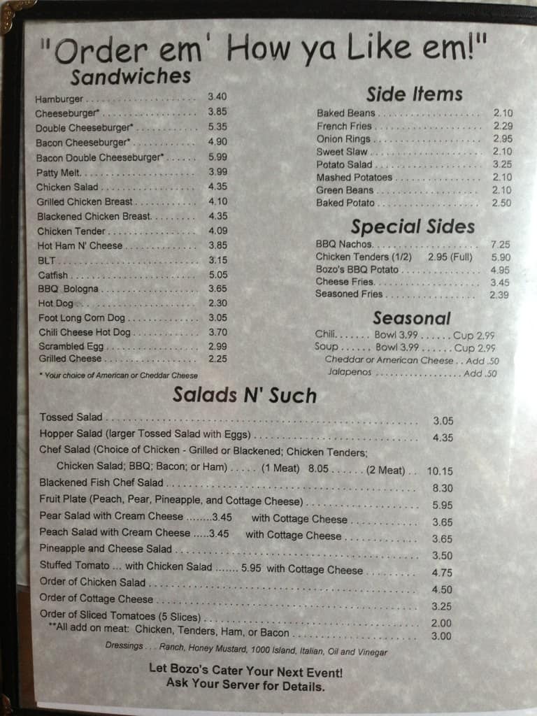 Menu at Bozo's BBQ, Mason