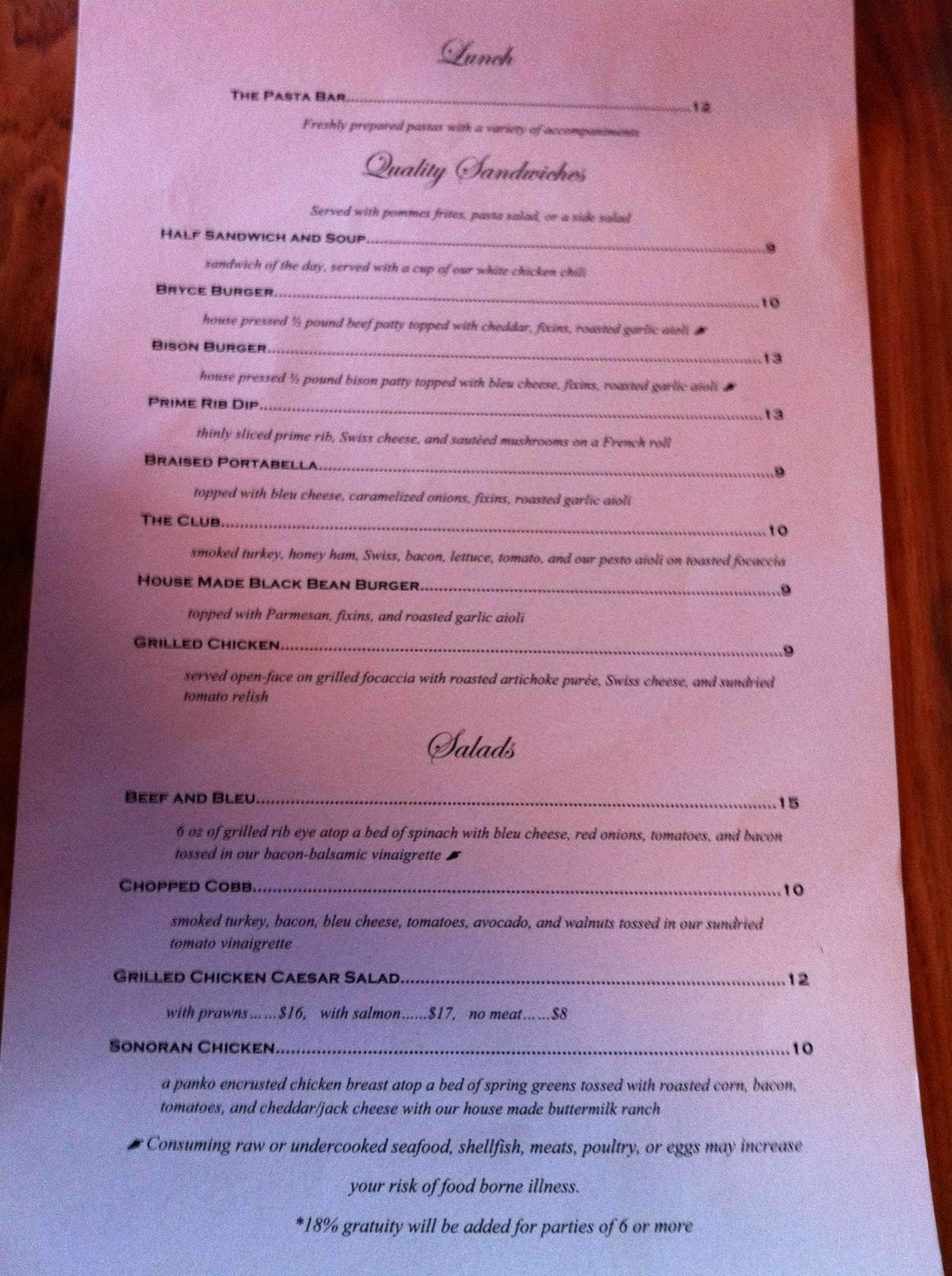 Menu at The Lodge at Bryce Canyon Restaurant, Tropic