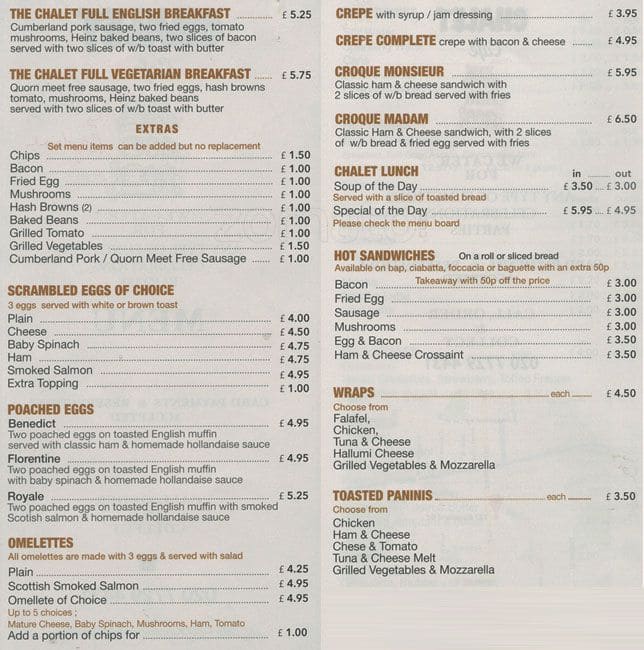 Chalet Cafe Menu, Menu for Chalet Cafe, Hoxton, London - Zomato UK