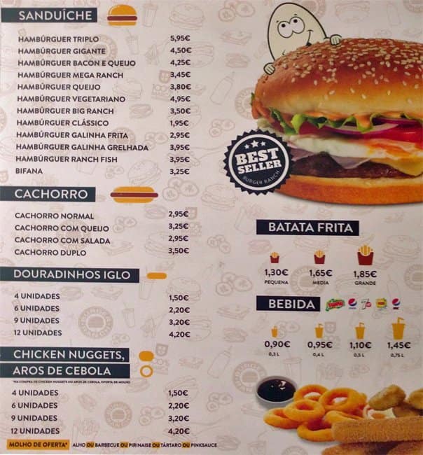Menu em Burger Ranch restaurante de fast food, Lisboa, R. Professor