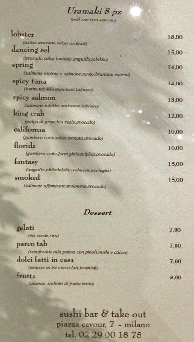 Menu di Parco Sushi 