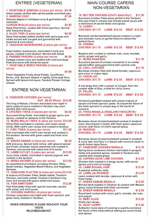 Curry Capers Menu, Menu for Curry Capers, Reservoir, Melbourne