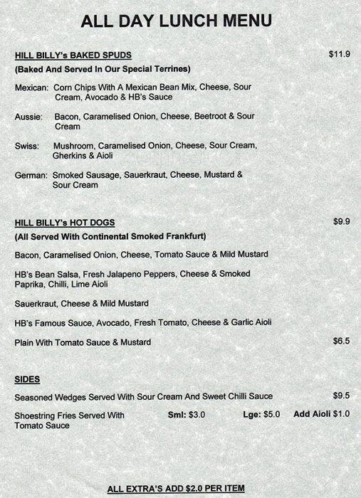 Menu at Hillbilly's Cafe, Blackwood