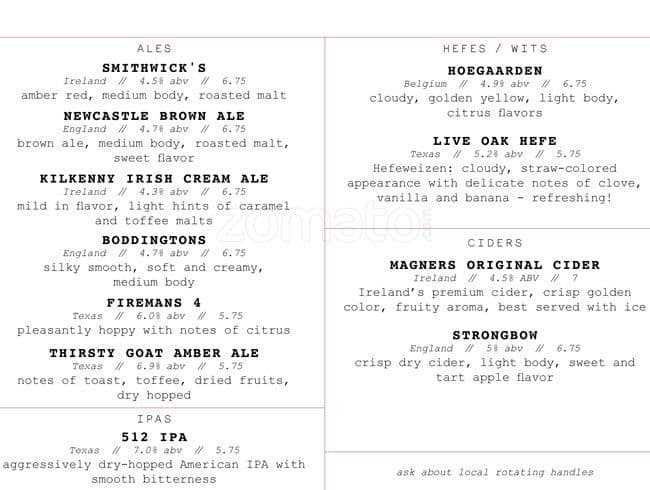 Fado Irish Pub Austin menu