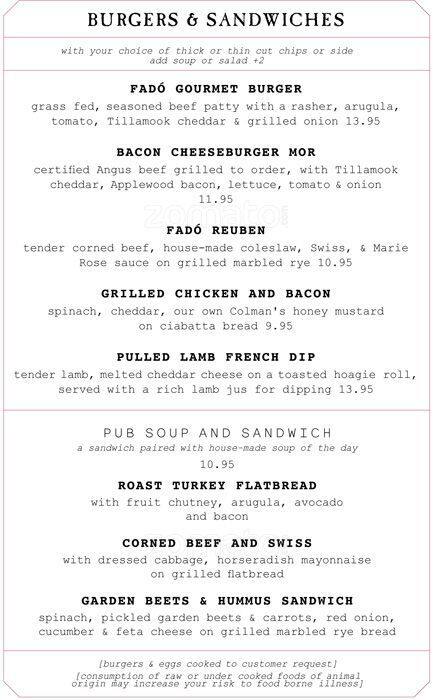 Fado Irish Pub Austin menu
