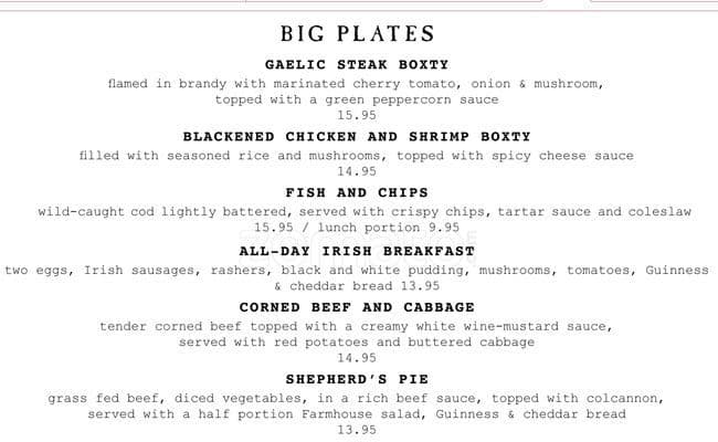 Fado Irish Pub Austin menu
