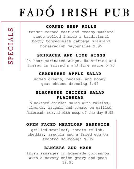 Fado Irish Pub Austin menu