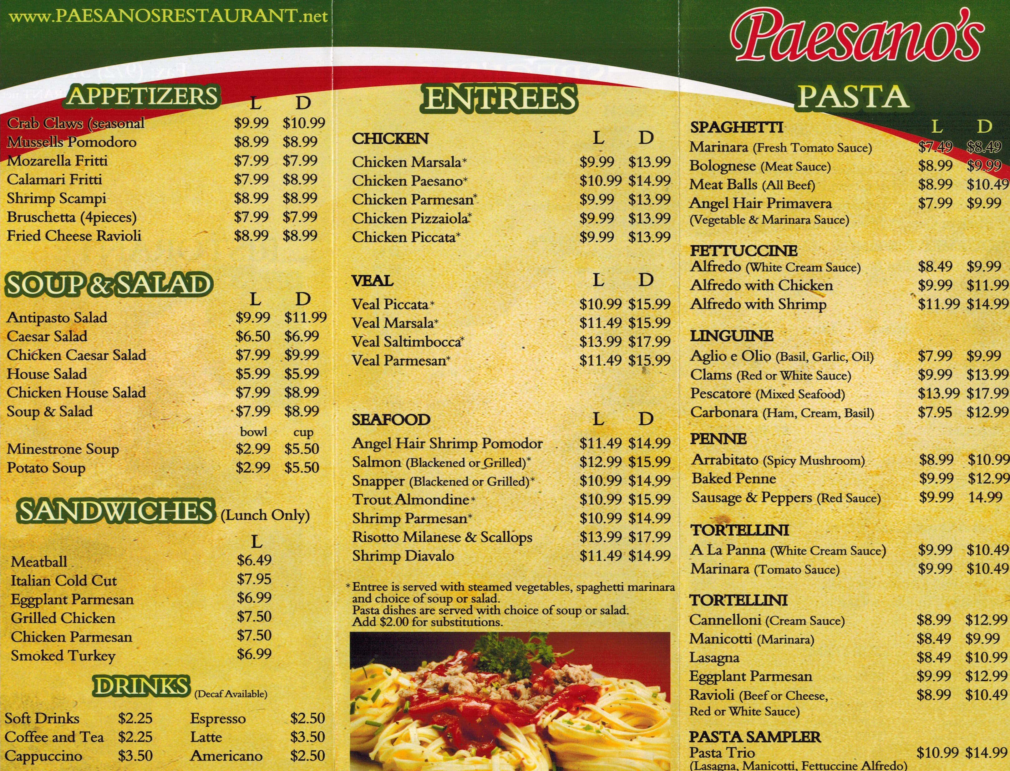 Menu at Paesano's Ristorante pizzeria, Plano