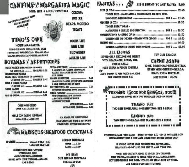 Tino's Too Mexican Menu, Menu for Tino's Too Mexican, East Plano, Plano
