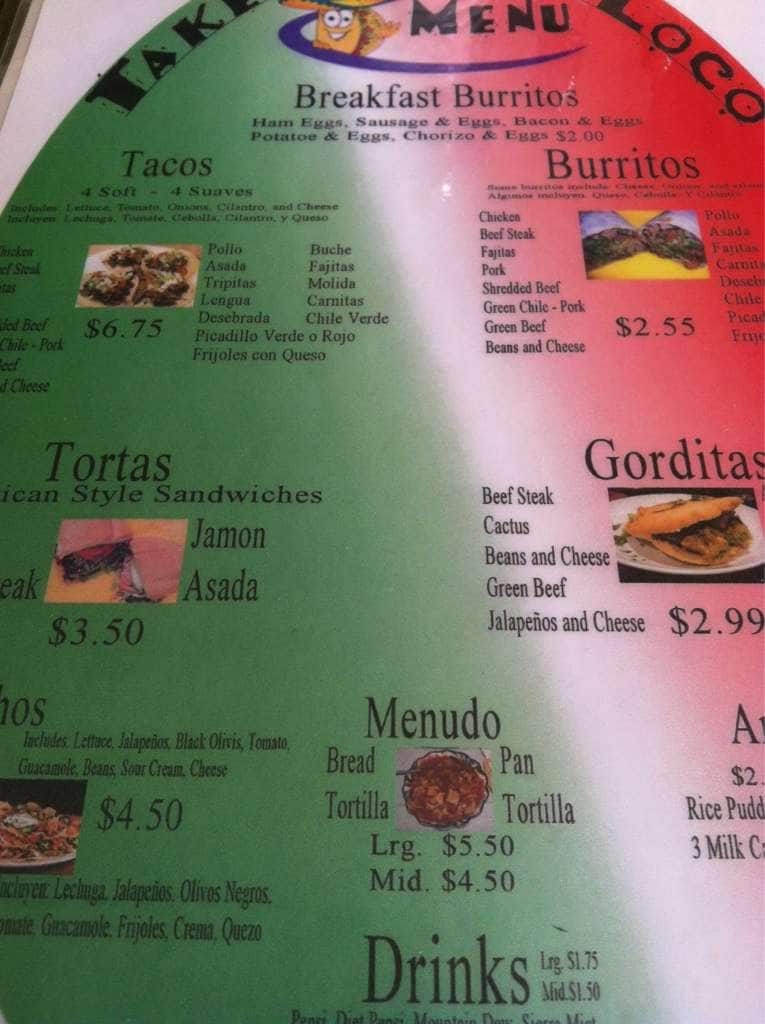 Menu at Taco Loco restaurant, Clovis, 248 Lincoln Ave