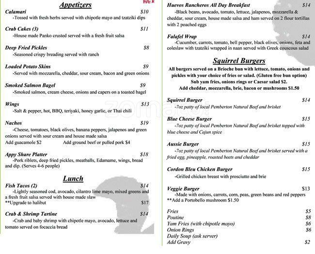 Menu at Black Squirrel pub & bar, Pemberton