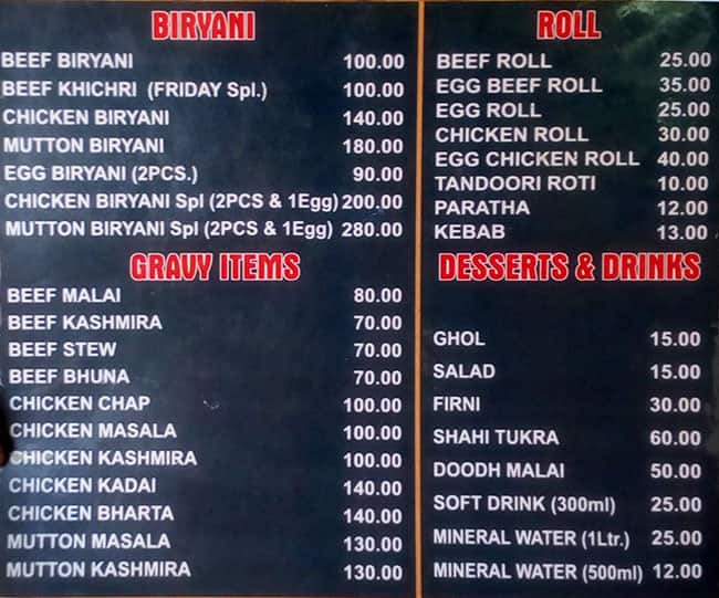 Zam Zam Restaurant menu