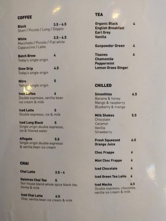 Menu at Pure Brew cafe, Gordon