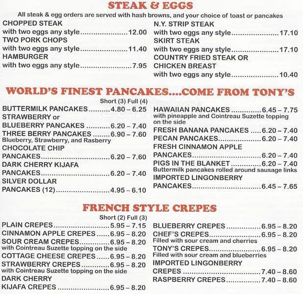 Menu at Tony's Breakfast Cafe, Brookfield