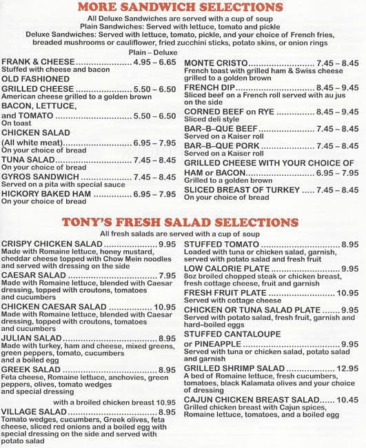 Menu at Tony's Breakfast Cafe, Brookfield