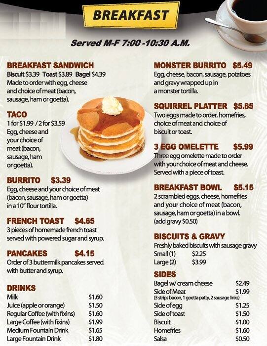 The Squirrel Menu, Menu for The Squirrel, Downtown, Cincinnati