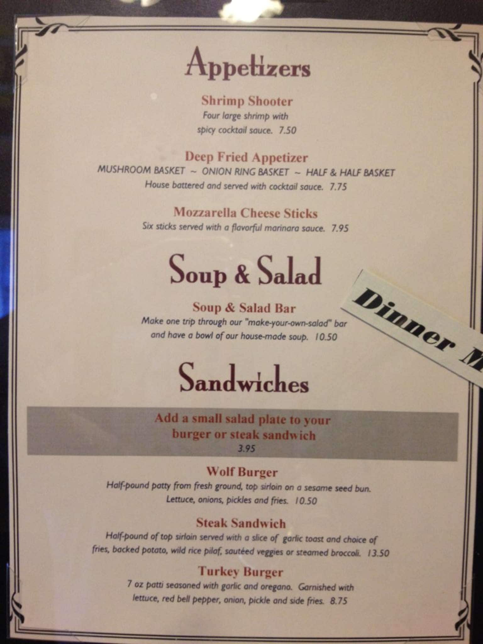 Menu at Hotel Wolf pub & bar, Saratoga