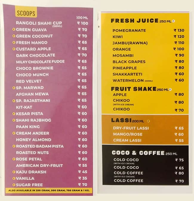 Menu of Rangoli Ice Cream Parlour, Bapunagar, Ahmedabad