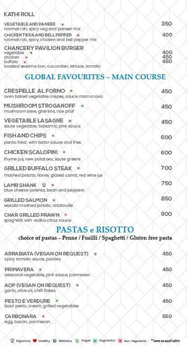 The Chancery Pavilion menu