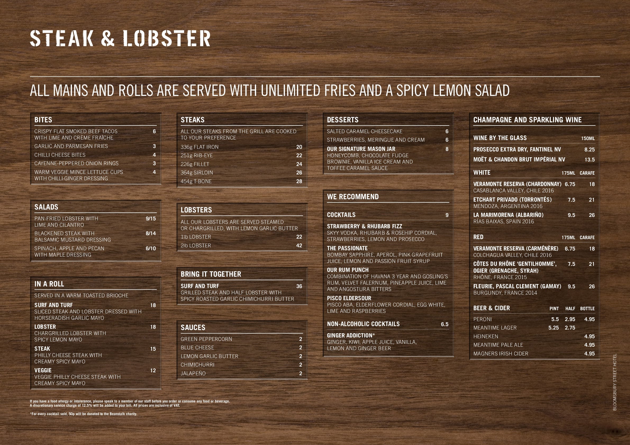 Menu at Steak & Lobster Bloomsbury steakhouse, London, 913 Bloomsbury St