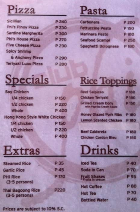 Menu at Club Phi, Pasig