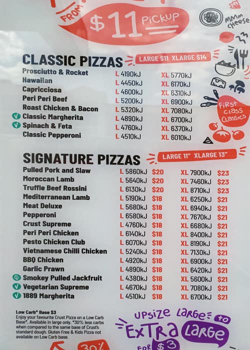 Carta de Crust Pizza Maroubra