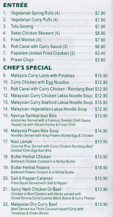 Malaysia Makanan Restaurant, Calamvale Menu