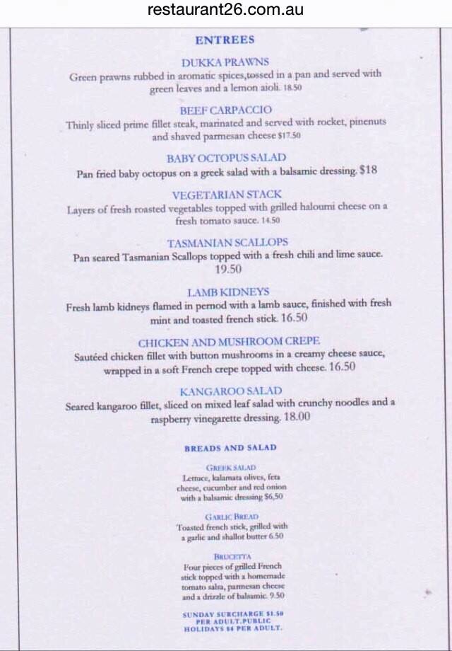 Carta de Restaurant 26