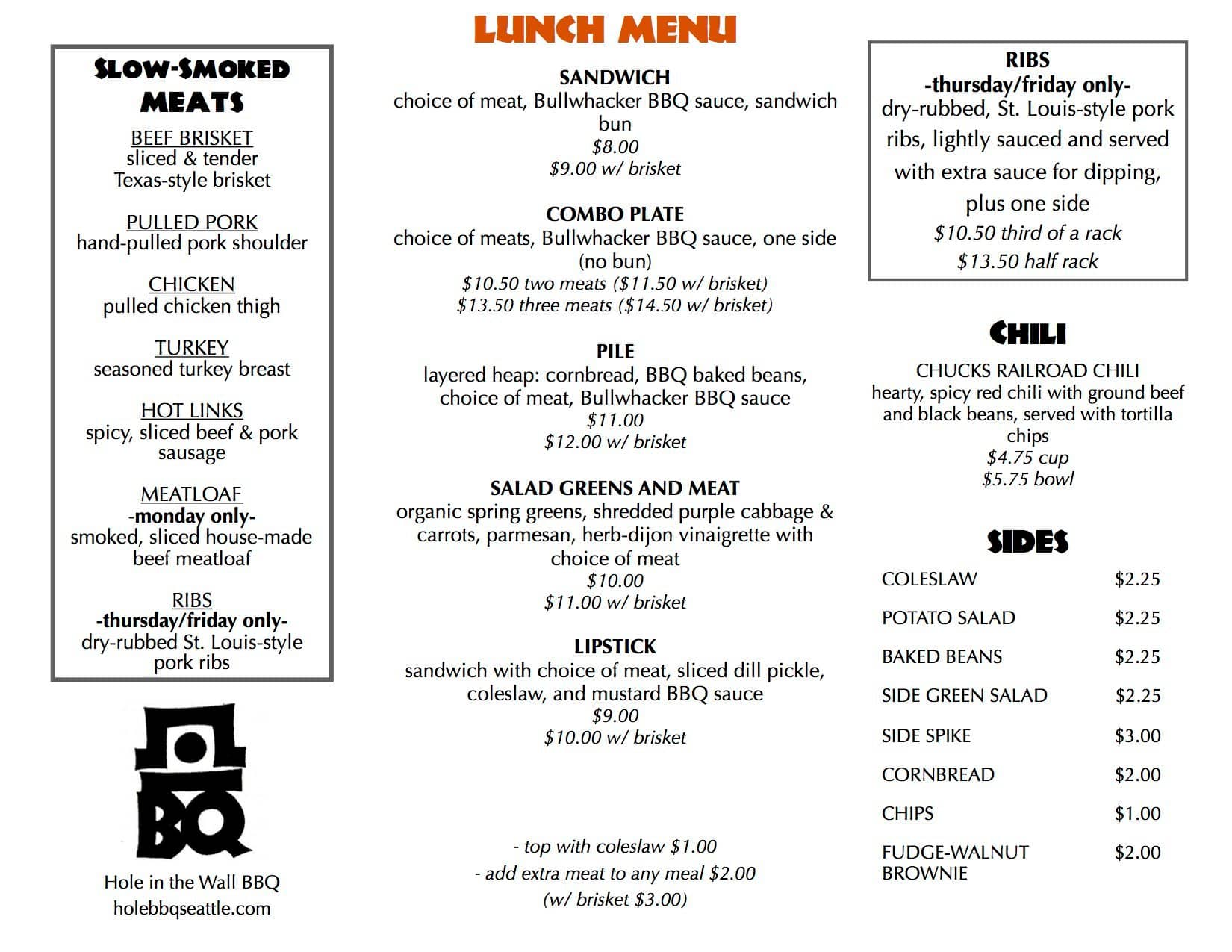 Hole in the Wall BBQ Menu, Menu for Hole in the Wall BBQ, Downtown