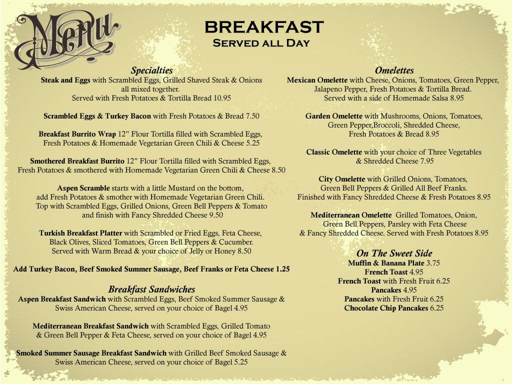 Menu at Aspen Lodge Bar & Grill, Westminster