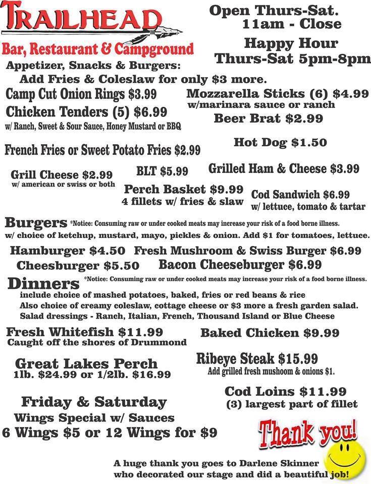 Trailhead Bar, Restaurant & Campground Menu Urbanspoon/Zomato